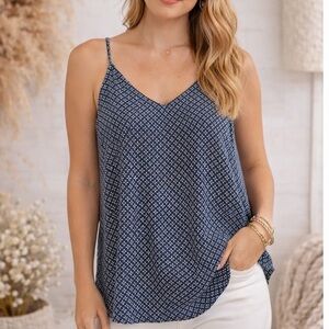 Loft Racerback Tank Blouse Sz Medium Navy Blue/White Print Spaghetti Strap